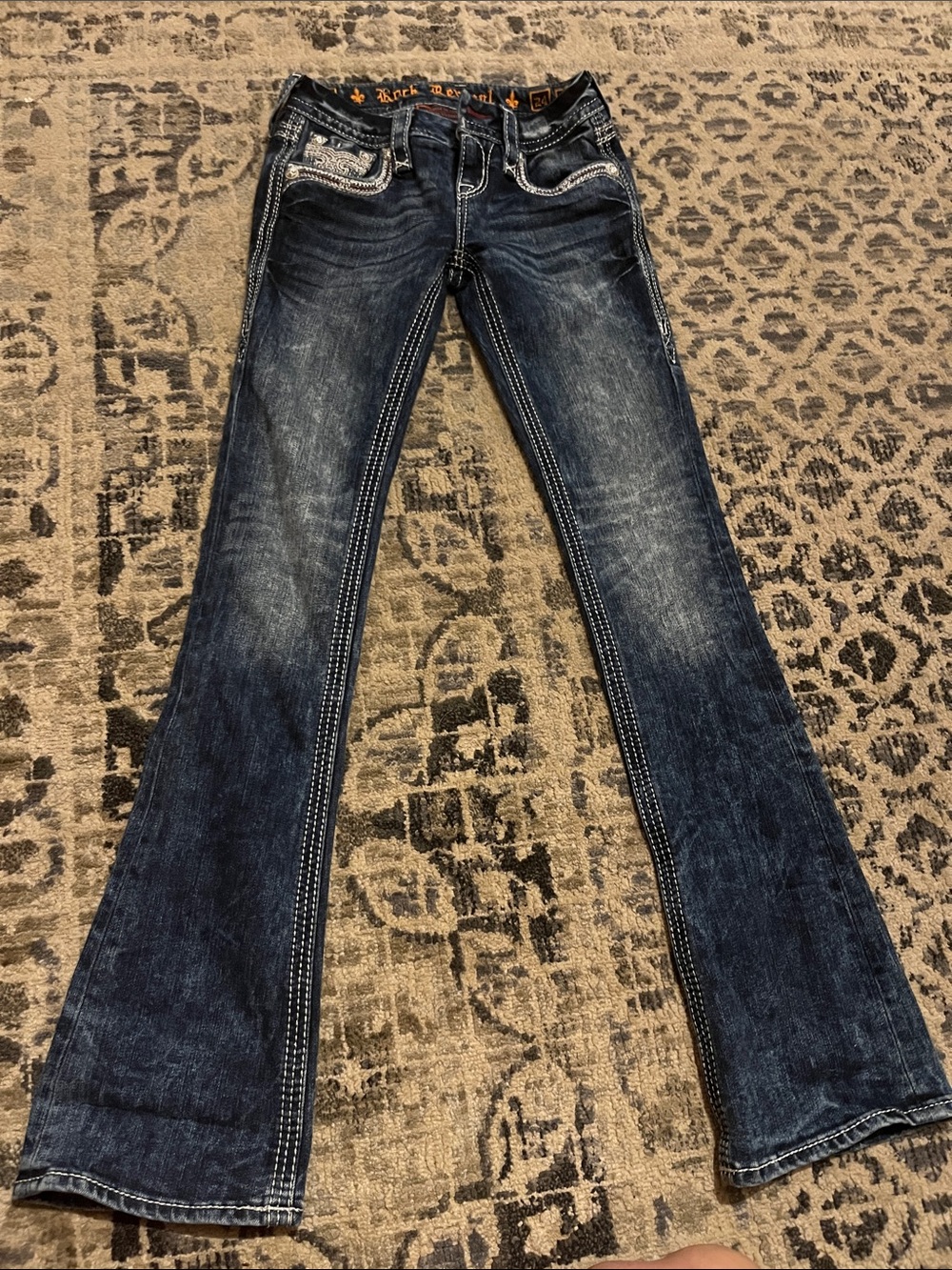 Rock Revival Dark Blue Boot Cut Jeans with Contrast Stitching